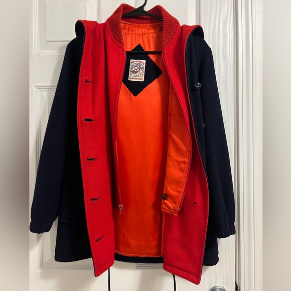 Vintage Mackintosh Vestcoat Size 8 Navy/Red 100% Wool Hood Drawstring Hem - Picture 2 of 15